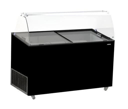 Black chest freezer with open top for ice cream bin storage, 1439mm wide