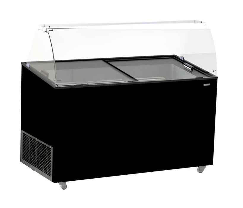 Black chest freezer with open top for ice cream bin storage, 1439mm wide