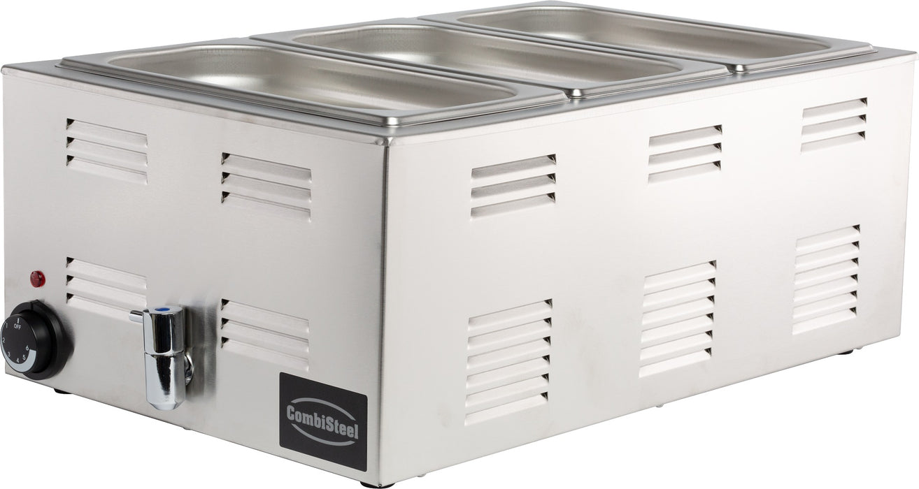 Stainless steel tabletop bain-marie with integral drain tap and control knob view 3