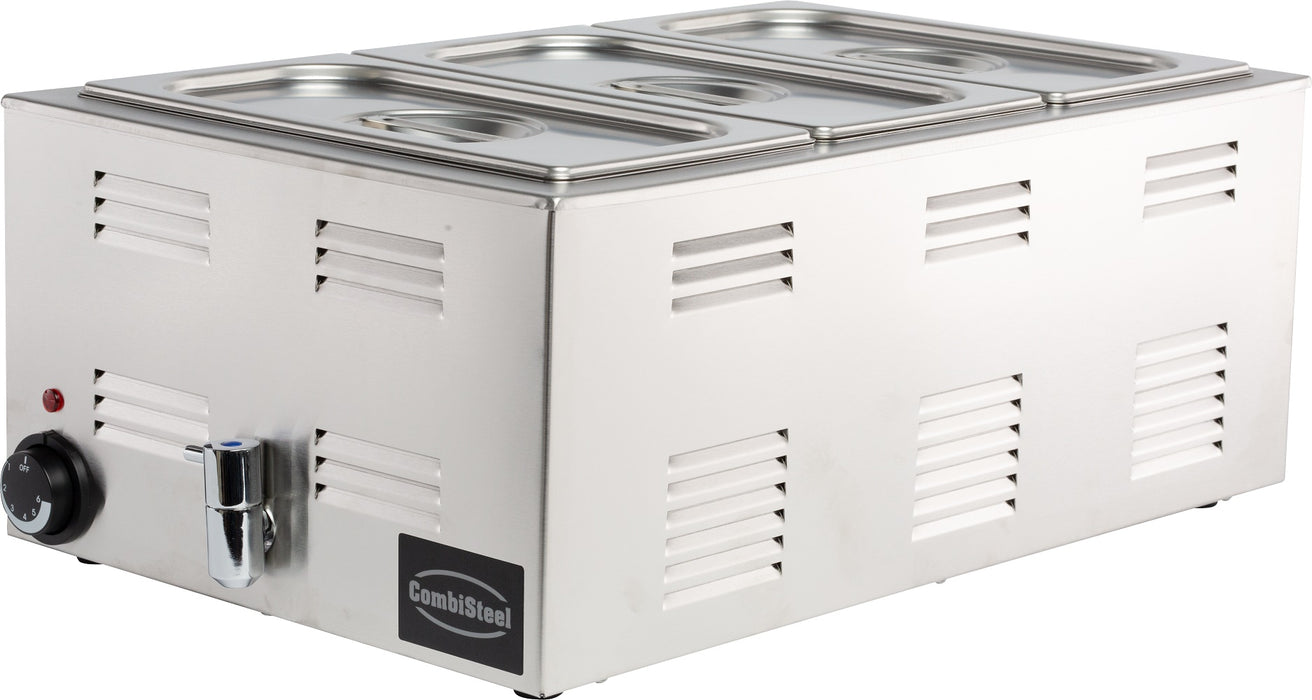 Stainless steel tabletop bain-marie with integral drain tap and control knob view 4