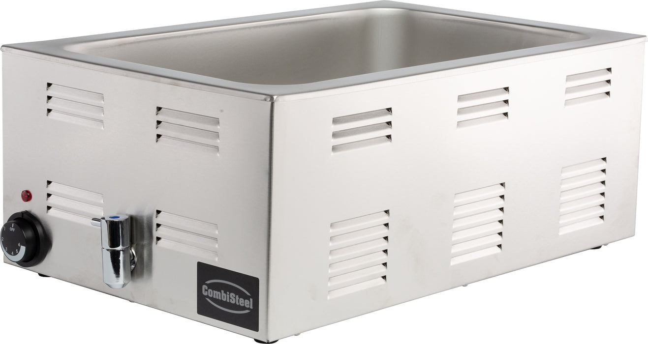 Stainless steel tabletop bain-marie with integral drain tap and control knob