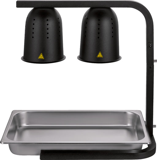 Black telescopic heat lamp with adjustable stand and mounted heating element