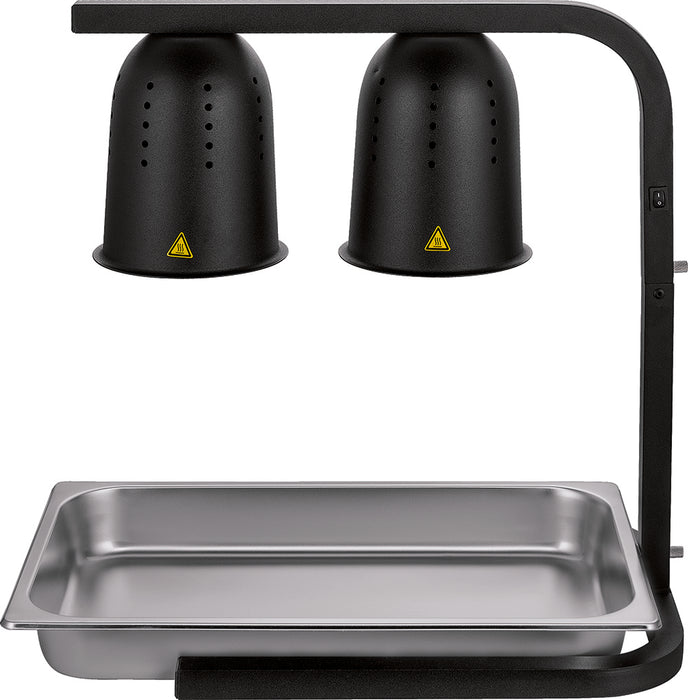 Black telescopic heat lamp with adjustable stand and mounted heating element