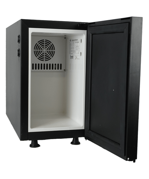 Black and stainless steel countertop milk cooler with integrated container and 7mm milk outlet. view 2