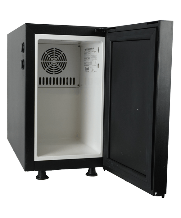 Black and stainless steel countertop milk cooler with integrated container and 7mm milk outlet. view 2