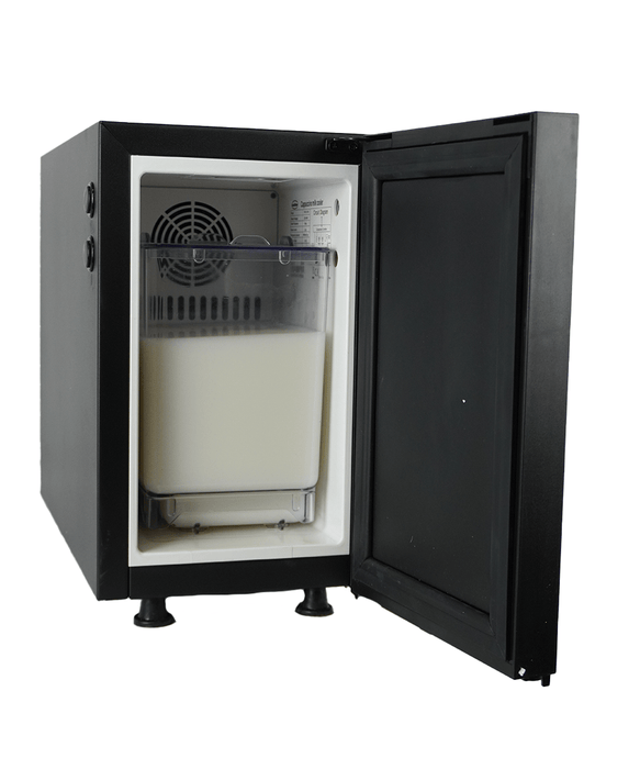 Black and stainless steel countertop milk cooler with integrated container and 7mm milk outlet. view 5