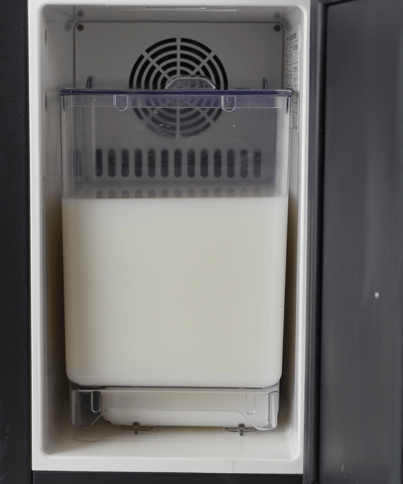 Black and stainless steel countertop milk cooler with integrated container and 7mm milk outlet. view 6