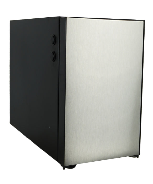 Black and stainless steel countertop milk cooler with integrated container and 7mm milk outlet. view 3