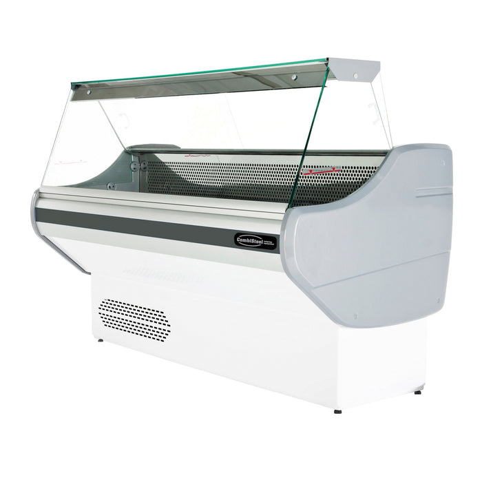 White two-door display fridge with straight glass doors and LED lighting