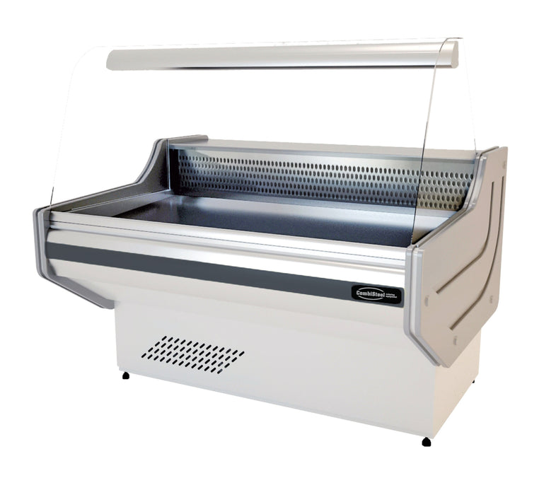 White three-door display fridge with LED lighting and product visibility from front