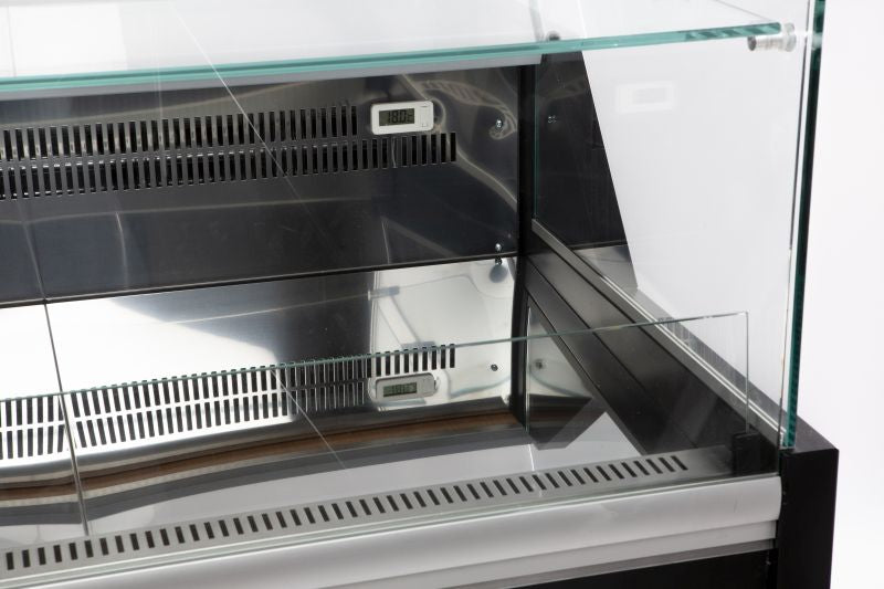 Black freestanding display fridge with straight glass front and LED interior lighting view 3