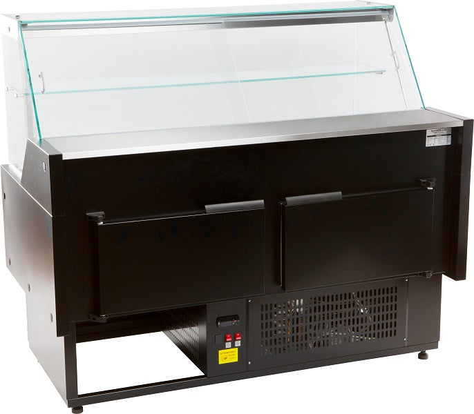 Black freestanding display fridge with straight glass front and LED interior lighting view 4