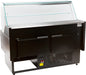 Black freestanding display fridge with straight glass front and LED interior lighting view 4