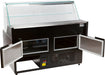 Black freestanding display fridge with straight glass front and LED interior lighting view 5
