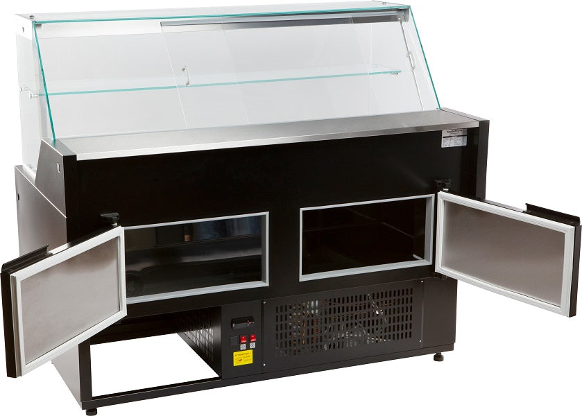 Black freestanding display fridge with straight glass front and LED interior lighting view 5