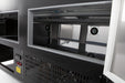 Black freestanding display fridge with straight glass front and LED interior lighting view 6