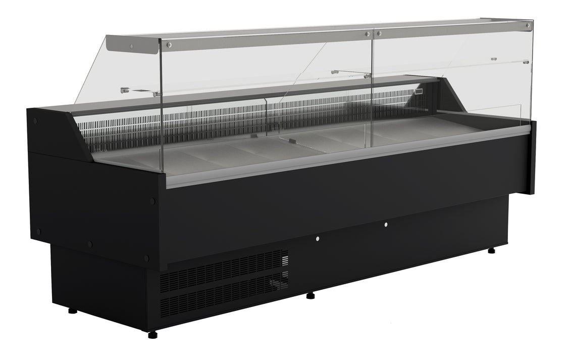 Black freestanding display fridge with straight glass front and LED interior lighting