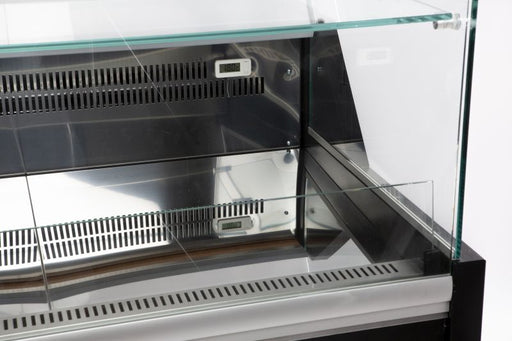Black freestanding commercial cold display case with LED lighting and two back storage doors view 2