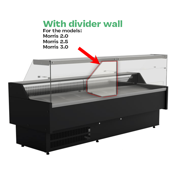 Black freestanding commercial cold display case with LED lighting and two back storage doors view 6