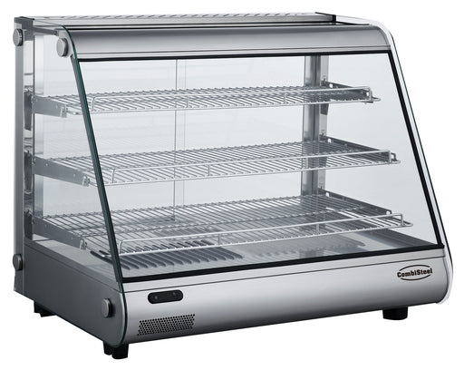 Stainless steel tabletop hot display cabinet with LED lighting and three fixed shelves