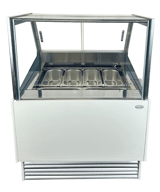White ventilated chest freezer ice cream display unit with straight glass window and LED lighting view 2