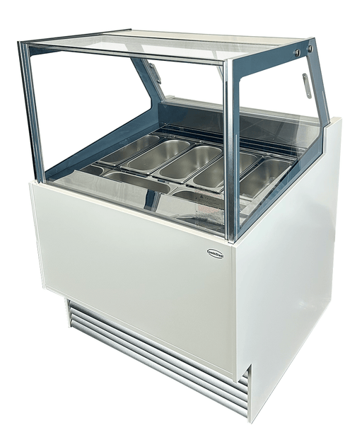 White ventilated chest freezer ice cream display unit with straight glass window and LED lighting