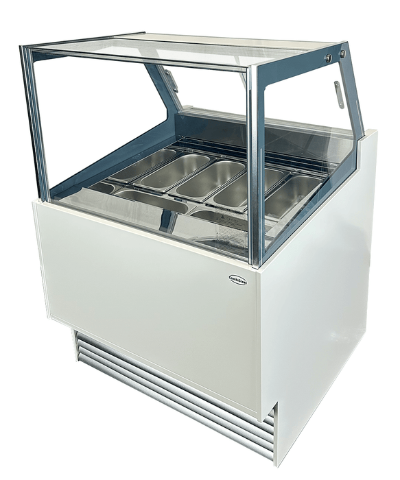White ventilated chest freezer ice cream display unit with straight glass window and LED lighting