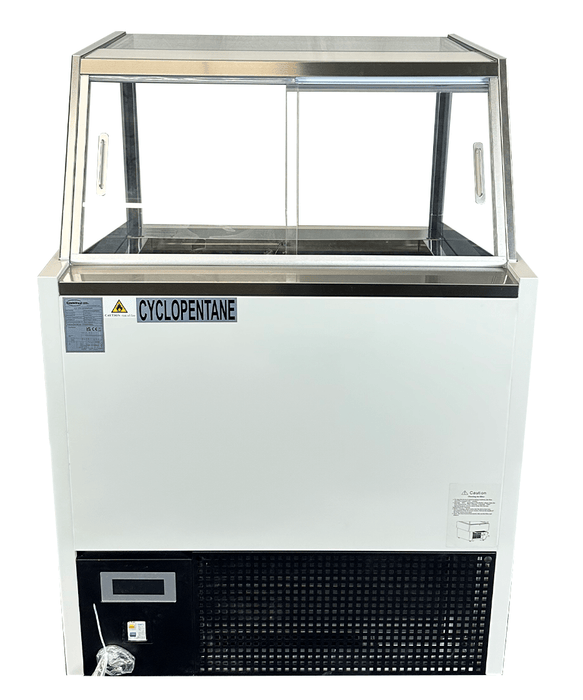 White ventilated chest freezer ice cream display unit with straight glass window and LED lighting view 7