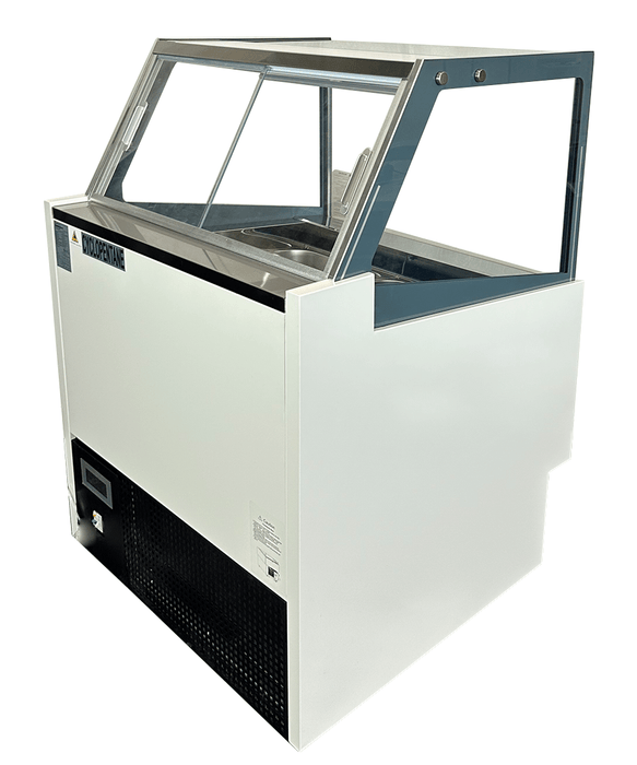 White ventilated chest freezer ice cream display unit with straight glass window and LED lighting view 4