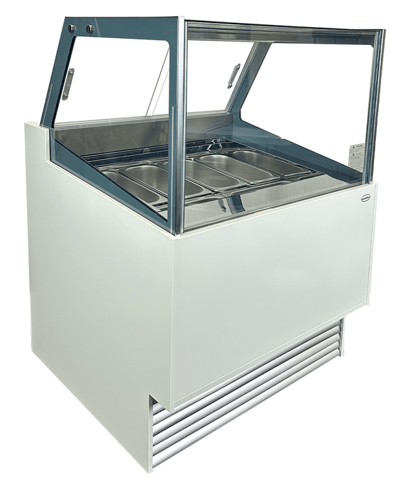 White ventilated chest freezer ice cream display unit with straight glass window and LED lighting view 3
