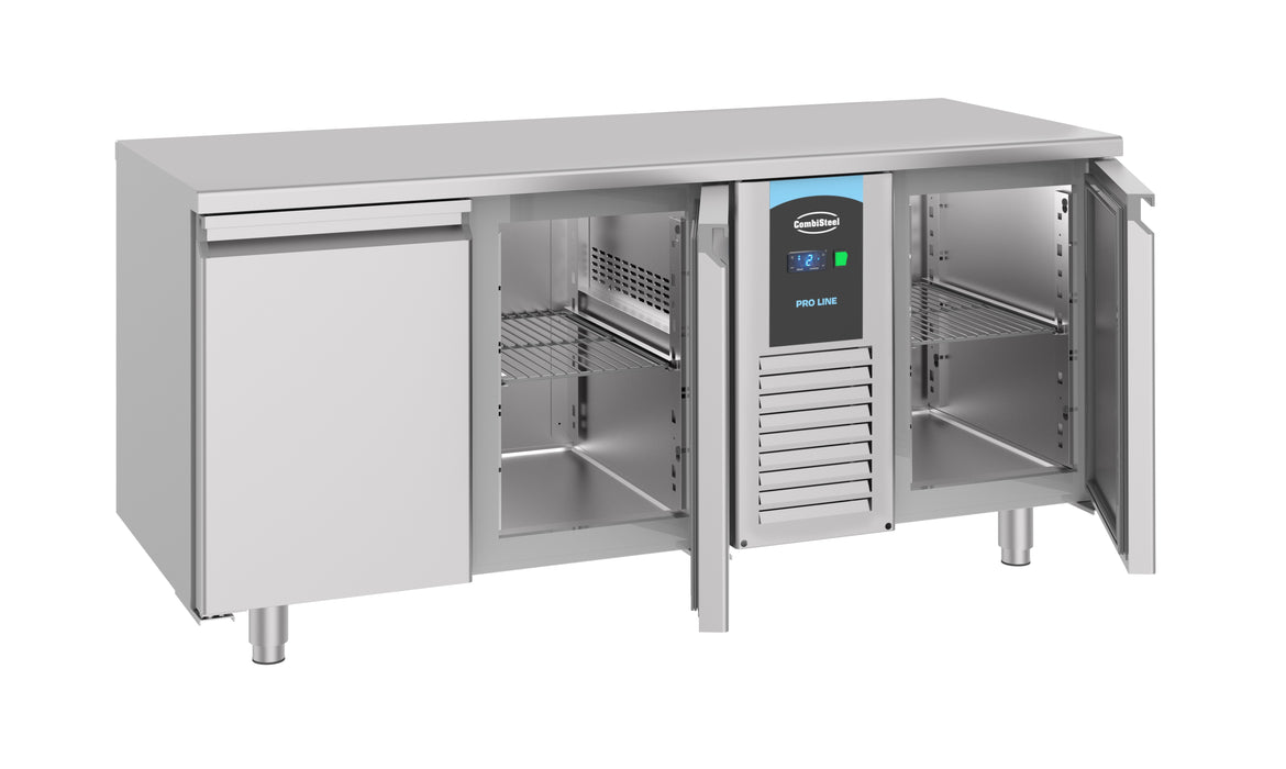 Stainless steel three door undercounter freezer with digital control panel view 2