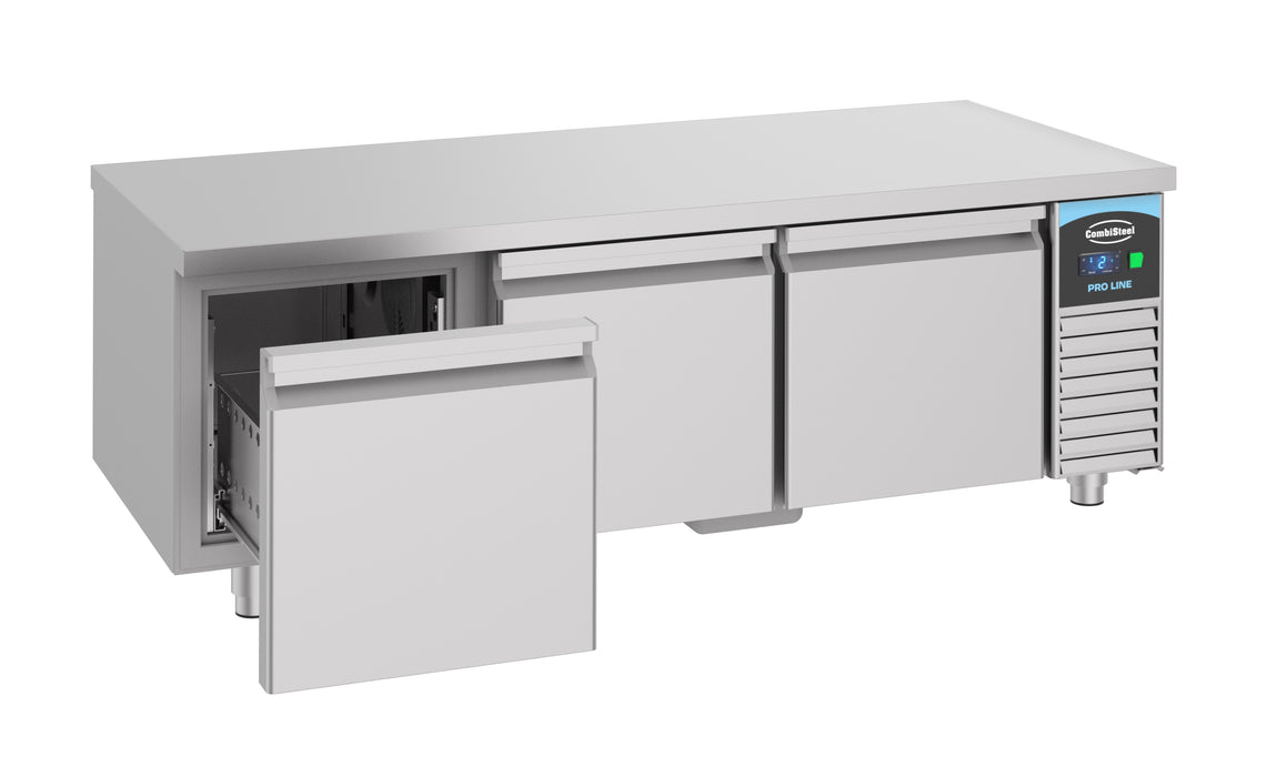 Stainless steel 3 drawer refrigerated counter, 1600mm wide, 600mm height view 2