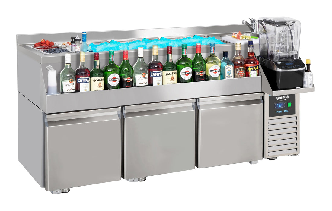 Stainless steel 3 door refrigerated counter unit with cocktail bar station
