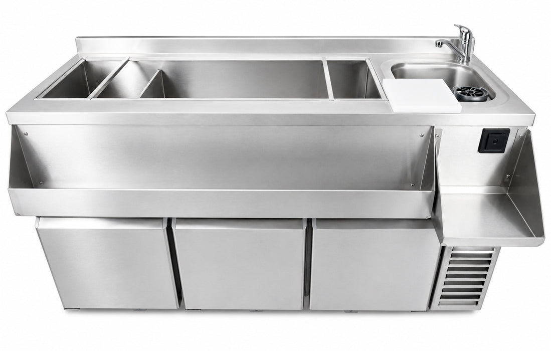 Stainless steel 3 door refrigerated counter unit with cocktail bar station view 2