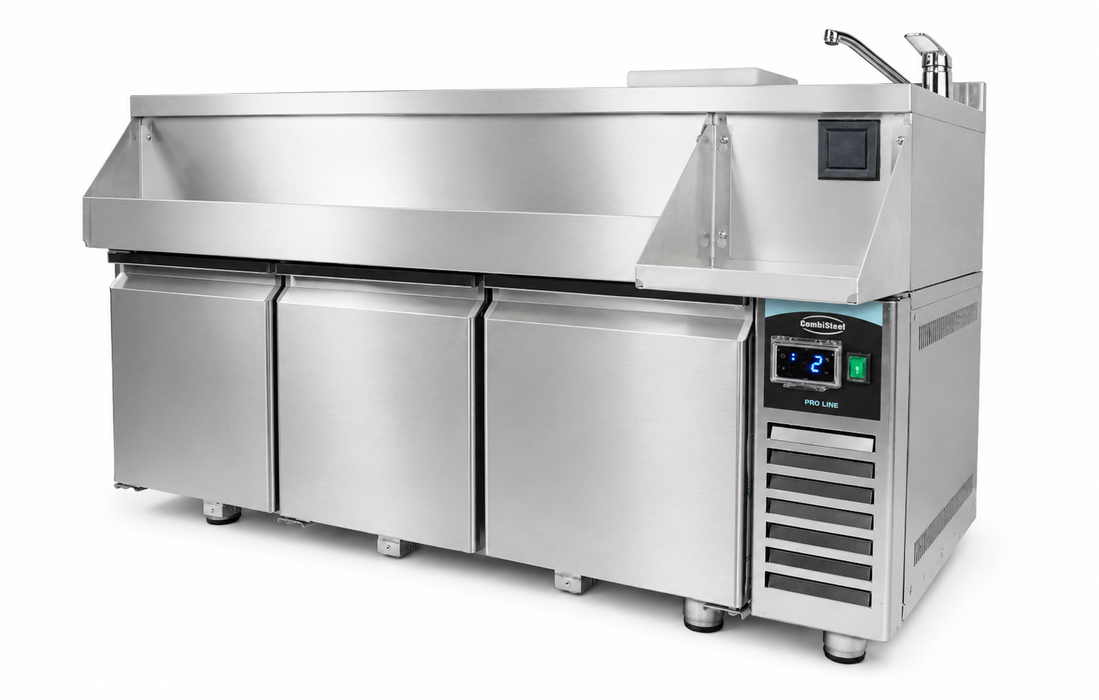 Stainless steel 3 door refrigerated counter unit with cocktail bar station view 3