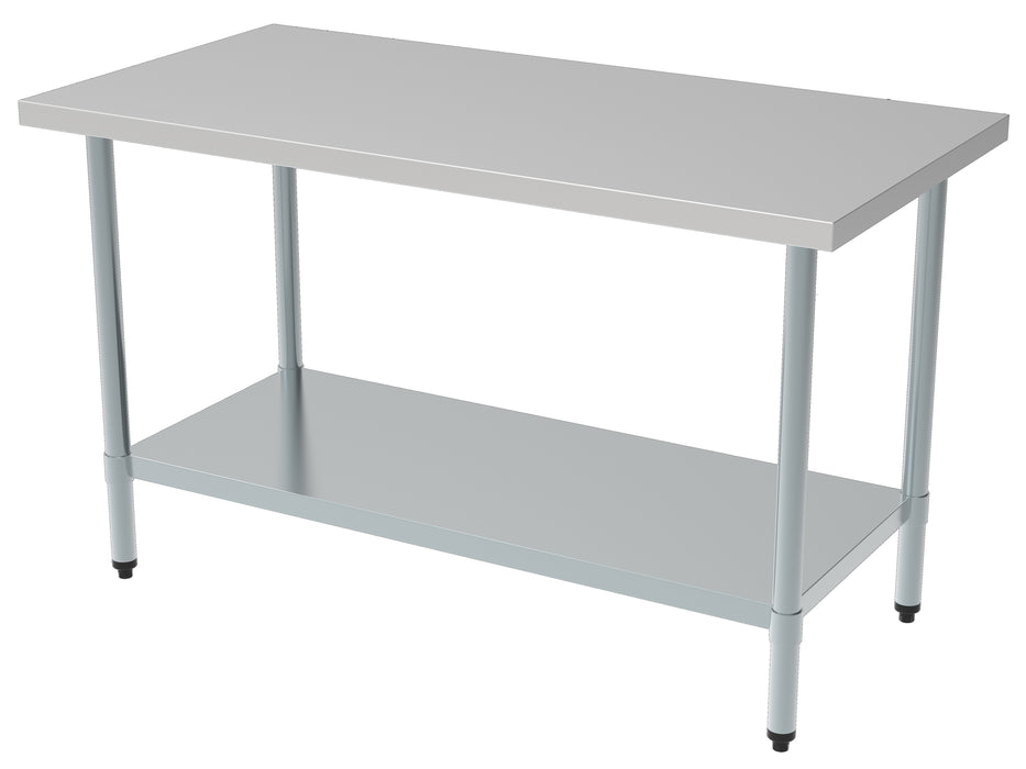 Stainless steel worktable with bottom shelf, flat-packed, 1400mm wide