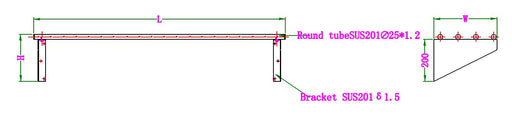 Stainless steel wall-mounted tube shelf, 1600mm wide, side view. view 2