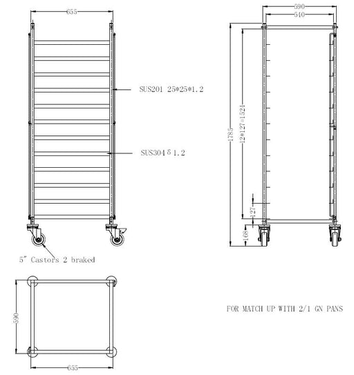 Stainless steel clearing trolley with multiple guides for 2/1 gastronorm plates view 2
