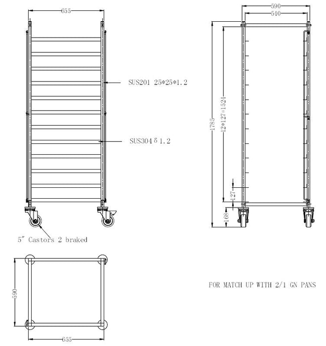 Stainless steel clearing trolley with multiple guides for 2/1 gastronorm plates view 2