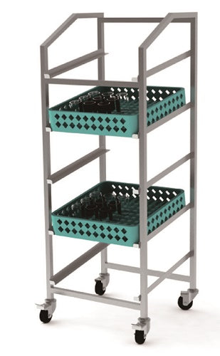 Stainless steel basket trolley with five shelves and guide pairs for kitchen use.