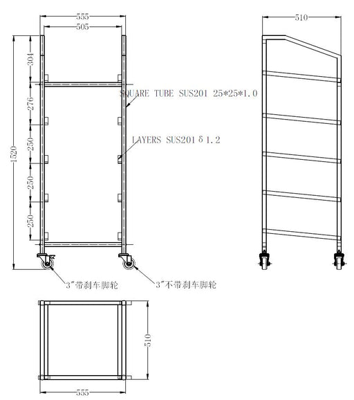 Stainless steel basket trolley with five shelves and guide pairs for kitchen use. view 2