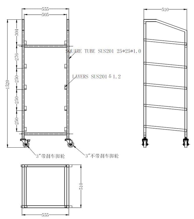 Stainless steel basket trolley with five shelves and guide pairs for kitchen use. view 2