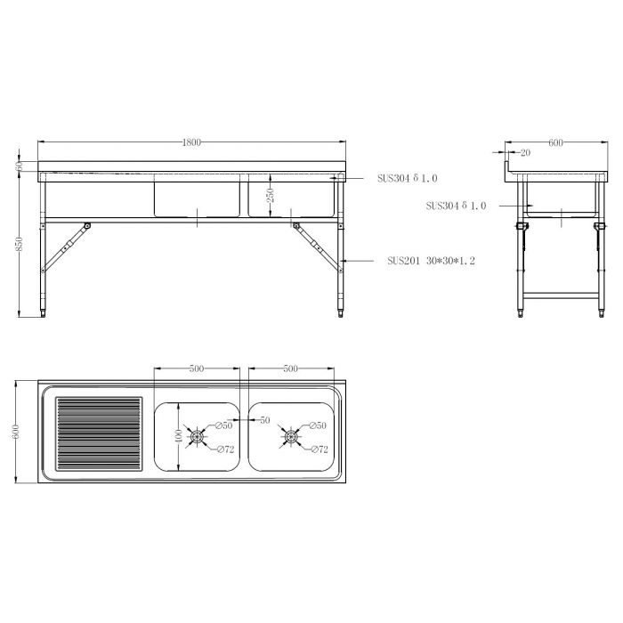 Combisteel 600 Fold Down Sink Unit 1800 2R