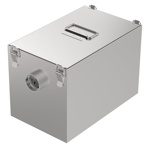 Stainless steel grease trap with compact dimensions and drainage connection.