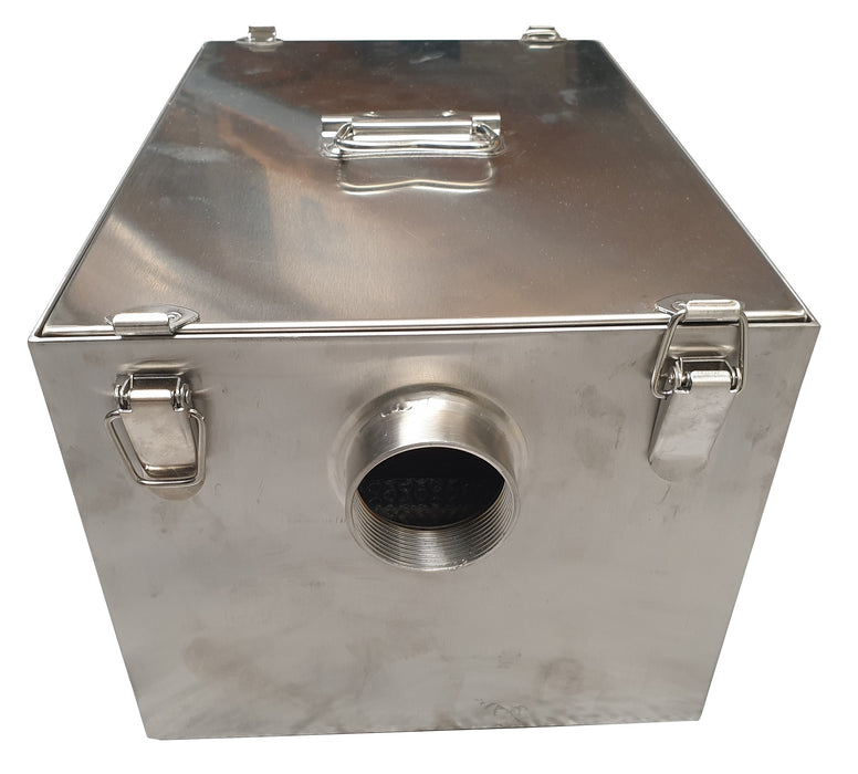 Stainless steel grease trap with compact dimensions and drainage connection. view 2