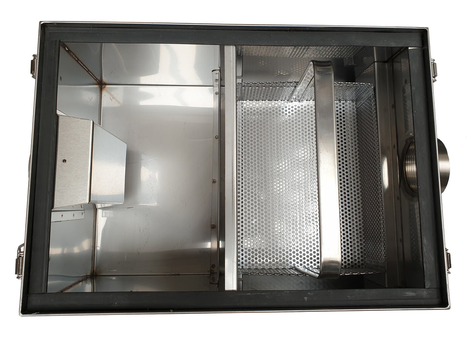 Stainless steel grease trap with compact dimensions and drainage connection. view 3