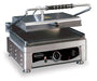 Stainless steel tabletop contact grill with smooth and ribbed cast iron cooking plates