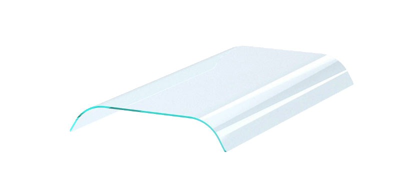 Curved glass overshelf with two display sides, compact countertop unit