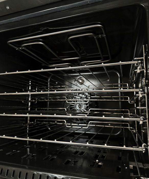 Stainless steel compact convection oven with left-hinge door and wire shelves visible inside view 5