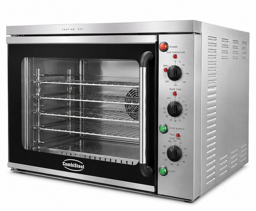 Stainless steel compact convection oven with left-hinge door and wire shelves visible inside
